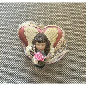Vintage Victorian Angel Figurine Heart-Shaped Satin Pillow Ornament Pink Lace